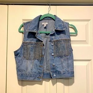 Rhinestone Fringe Cropped Denim Vest